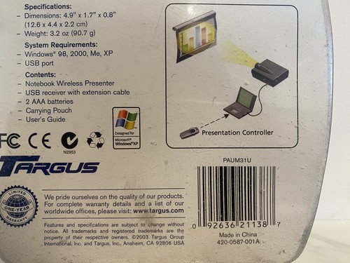Targus Notebook Wireless Presenter w/Laser Pointer 50 Foot Range PAUM31U NEW - Picture 6 of 6