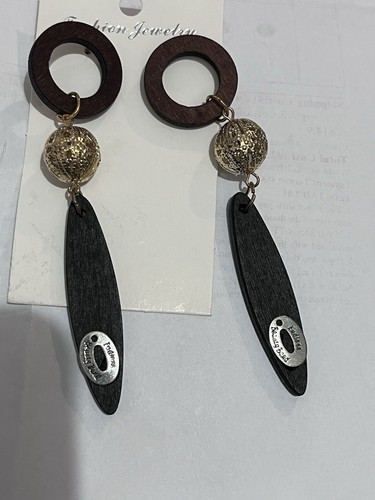 Pendientes largos de madera negros cuentas aleación de hierro borla aro bisutería - Imagen 2 de 3