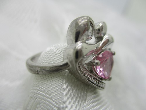 ESTATE JEWELRY 925 CO STERLING SILVER MOTHER CHILD PINK SAPPHIRE HEART RING SZ 7 - Imagen 2 de 7