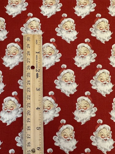 RETRO VINTAGE CHRISTMAS SANTA CLAUS FACES HEADS ON RED COTTON FABRIC HALF YD - Picture 3 of 6