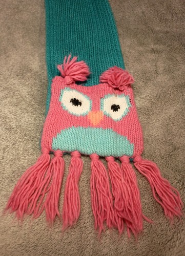 Kids Crochet Owl Pocket Scarf Teal Pink Handmade In USA Unique Rare 56" - Picture 3 of 5