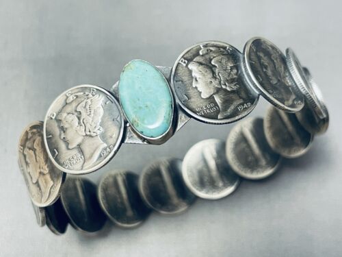 Sensational Native American Navajo Signed Royston Turquoise 14 Mercury Silver Dimes Bangle Sensational Native American Navajo Signed Royston Turquoise 14 Mercury Silver Dimes Bangle
