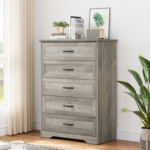 Chest of 5 Drawers Dresser for Bedroom Nightstand Storage Organizer Wood Cabinet - Picture 1 of 38