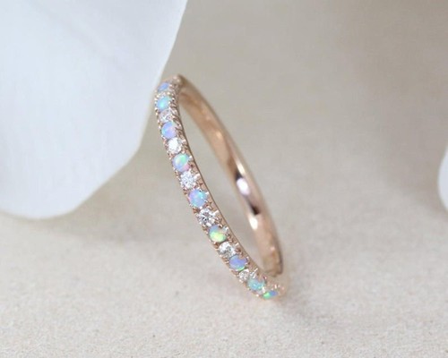 Natural Opal wedding Band Opal Half Eternity Band 925 Sterling Silver Band - Picture 4 of 8