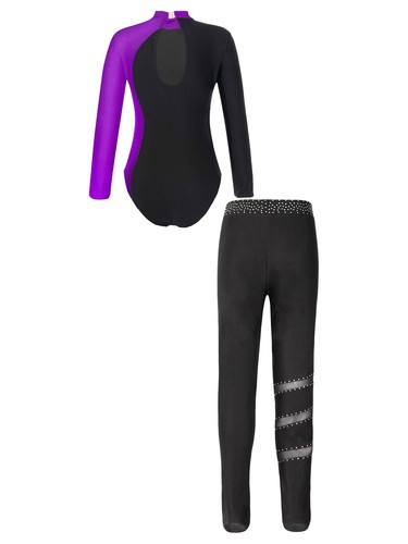 Girls Sets Figure Skating Tracksuits Shiny Outfit 2pcs Leggings Mesh Dancewear - Picture 42 of 78