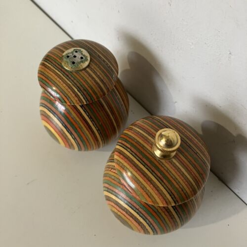 Vintage Mr Dudley Wooden Pepper Mill & Salt Shaker Set Rainbow Stripe Wood - Picture 4 of 9
