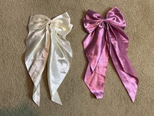 NEW Lot x 2 Long Large Jumbo Satin Hair Bow Barrette Clips Rose Pink Ivory 16"L
