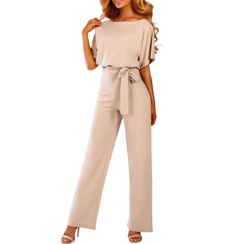 Women's Casual Loose Short Sleeve Belted Wide Leg Pants Solid Romper Jumpsuits - Bild 16 von 53