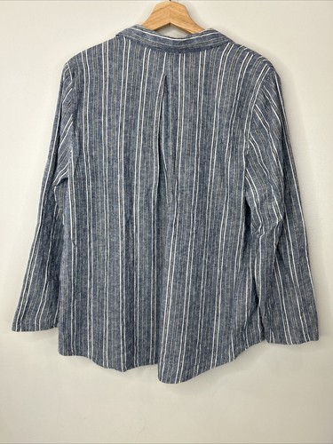 Chico’s Women’s 2 Blue White Gold Metallic Stripe Linen Long Sleeve Popover Top - Picture 10 of 12