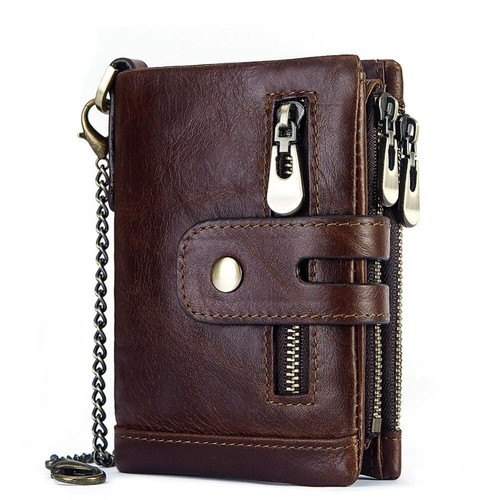 Men's Real Leather Wallet Distressed Biker Rider Trifold Chain Zip Coin Pocket - Picture 2 of 9
