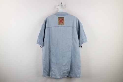 Vtg 90s Streetwear Mens Medium Distressed Suede Leather Patch Denim Button Shirt - Picture 11 of 13