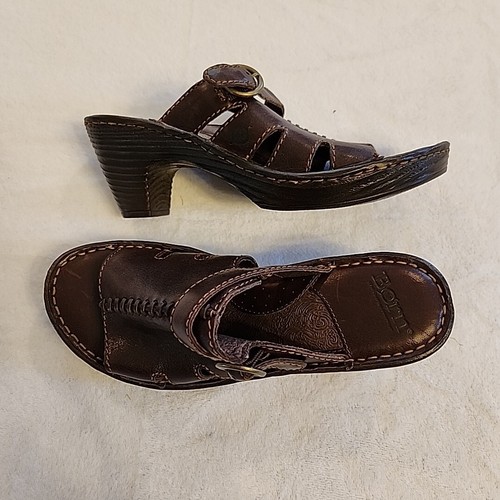 Born Block Heel Sandals Women's 8/39 Brown Leather Open Toe Slip On Shoes Buckle - Picture 13 of 16