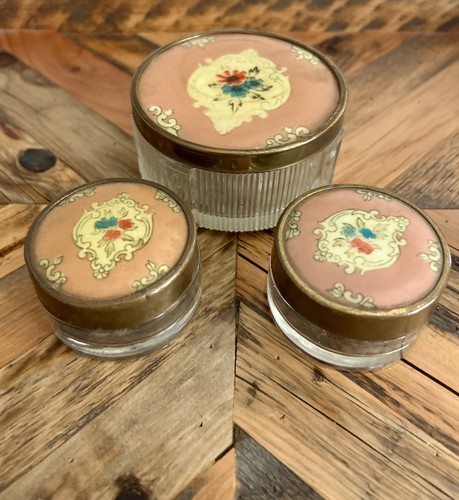 Antique, Art Deco, Ribbed, Frosted Glass, Floral, Vanity Jars, Set 3 - Picture 8 of 13