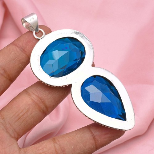 Sapphire (Lab-Created) Gemstone 925 Sterling Silver Handmade Jewelry pendant - Picture 6 of 6