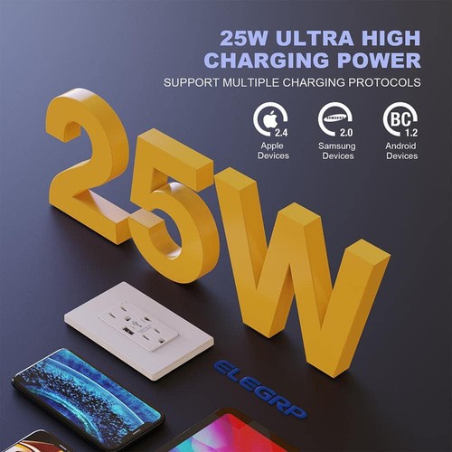 25 Watt 15 Amp Dual Typ A und Typ C USB Wand Duplex Steckdose, Wandplatte weiß - Bild 3 von 8