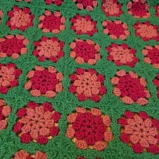 Vintage Handmade Granny Square Crochet Afghan Blanket Green Pink Throw Cozy