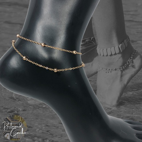 Simple Beads Charms Gold Tone Double Strand Dainty Chain Link Adjustable Anklet - Picture 1 of 4