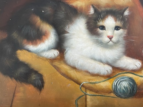 Antico Dipinto Olio Su Tavoletta Inglese Anni 40 Con Cornice Dorata Gatti - Foto 7 di 8
