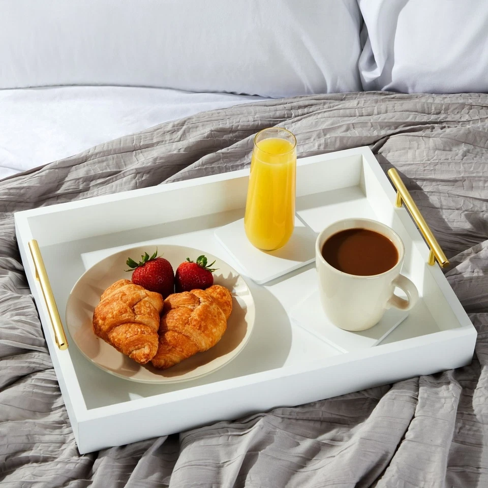 White Decorative Serving Tray with Handles and Coasters for Coffee Table - Image 4 of 4