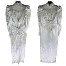 Vintage 8P 8 Petite 80s 90s Puff Sleeve Lace Faux Pearls Pencil Wedding Dress