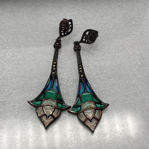 Sterling Silver French Stained Glass Dangle Earrings Hand Painted Marcasite - Picture 4 of 10