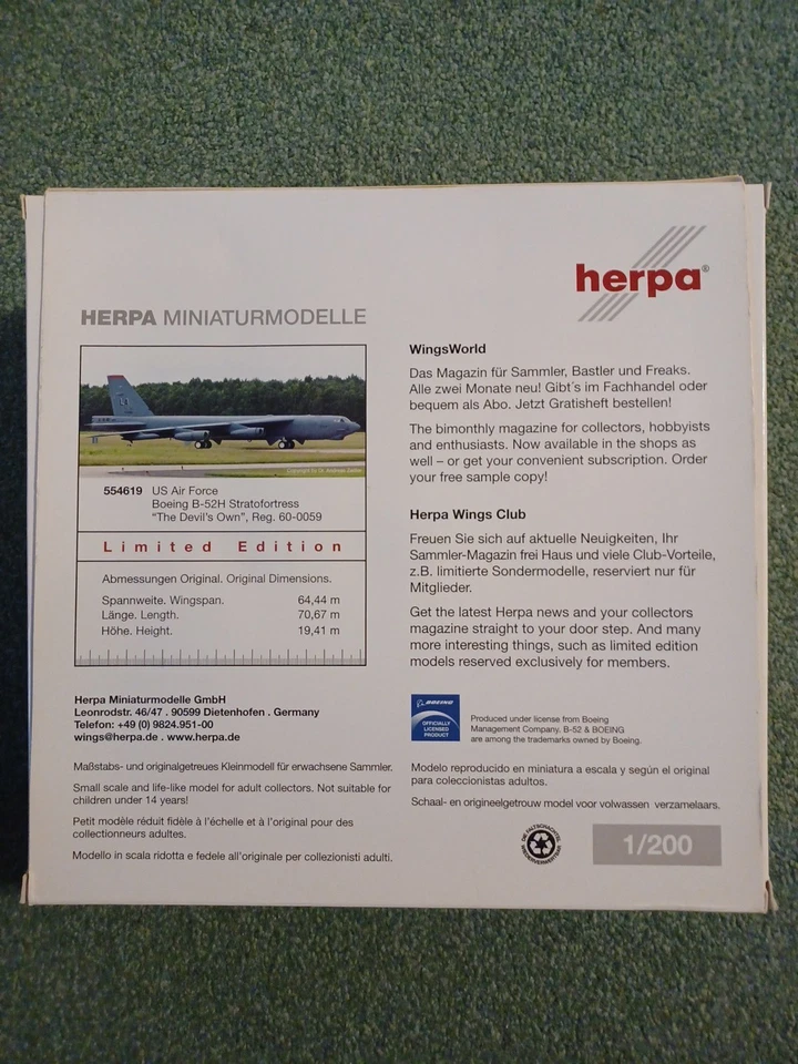Herpa Diecast escala 1/200 B-52H STRATOFORTRESS, NUEVO nunca exhibido, guardado en caja Foto 2 de 4