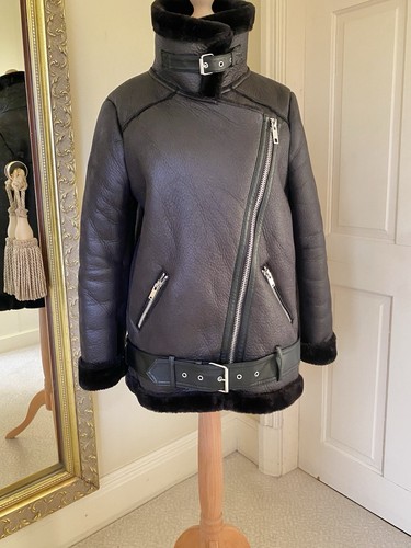 Damen ZARA Kunstleder Biker Jacke/Mantel klein schwarz Kunstfell gefüttert schön - Bild 3 von 9