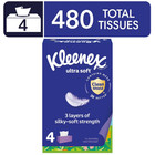 Kleenex Ultra Soft Facial Tissues, 4 Flat Boxes, 120 Tissues per Box, 3-Ply