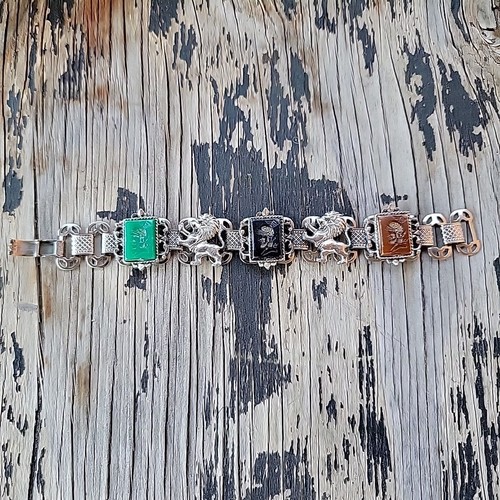 Roman Lion Is bracelet silver tone Green brown black Vintage style Costume - Picture 3 of 14