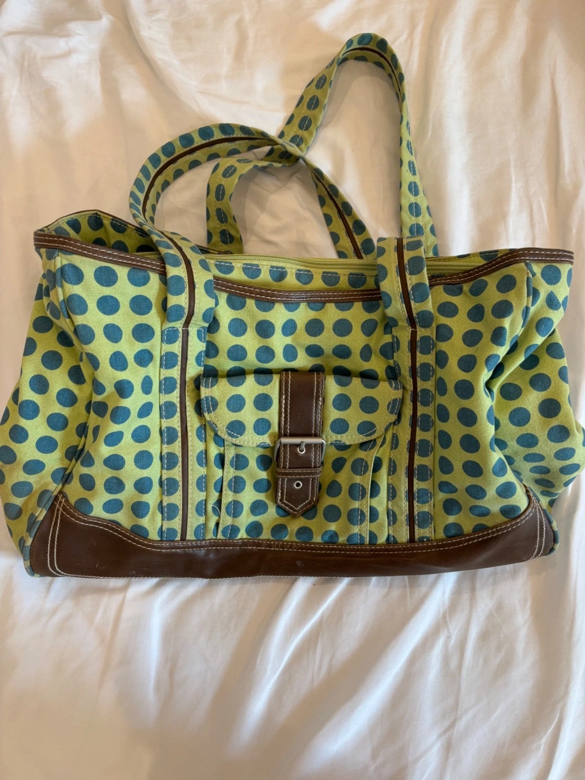Kalencom KD Kicker & David Green Blue Polka Dot Diaper Bag Tote Brown Trim Large