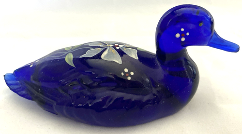 Fenton Handpainted Art Glass Cobalt Blue Mallard Duck With Flowers - Picture 3 of 7