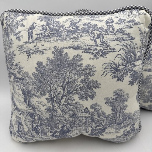 Blue white Toile Throw Pillows Set 2 French Country Check Piping 15" x 14" - Picture 2 of 7