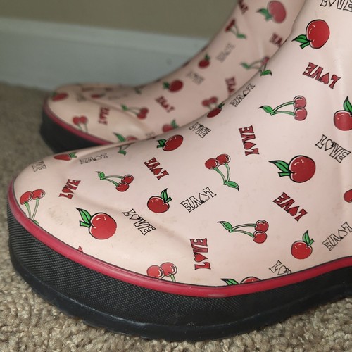 Bogs Youth K RNBT Cherry Love Pink Red Waterproof Pull-On Rubber Boots Size 4 - Picture 12 of 16