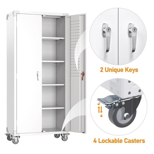 GangMei 72" Metal Storage Cabinet with Wheels and Pegboard 2024 New White - Picture 5 of 8