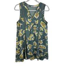 Entro Green Floral Sleeveless Lined Split Neck Crochet Pullover Mini Dress Sz S