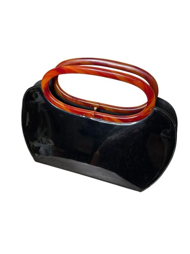 Vintage 50er Bobbie Jerome Clutch Handtasche schwarz Lackleder Handtasche Bakelit Griffe - Bild 10 von 23