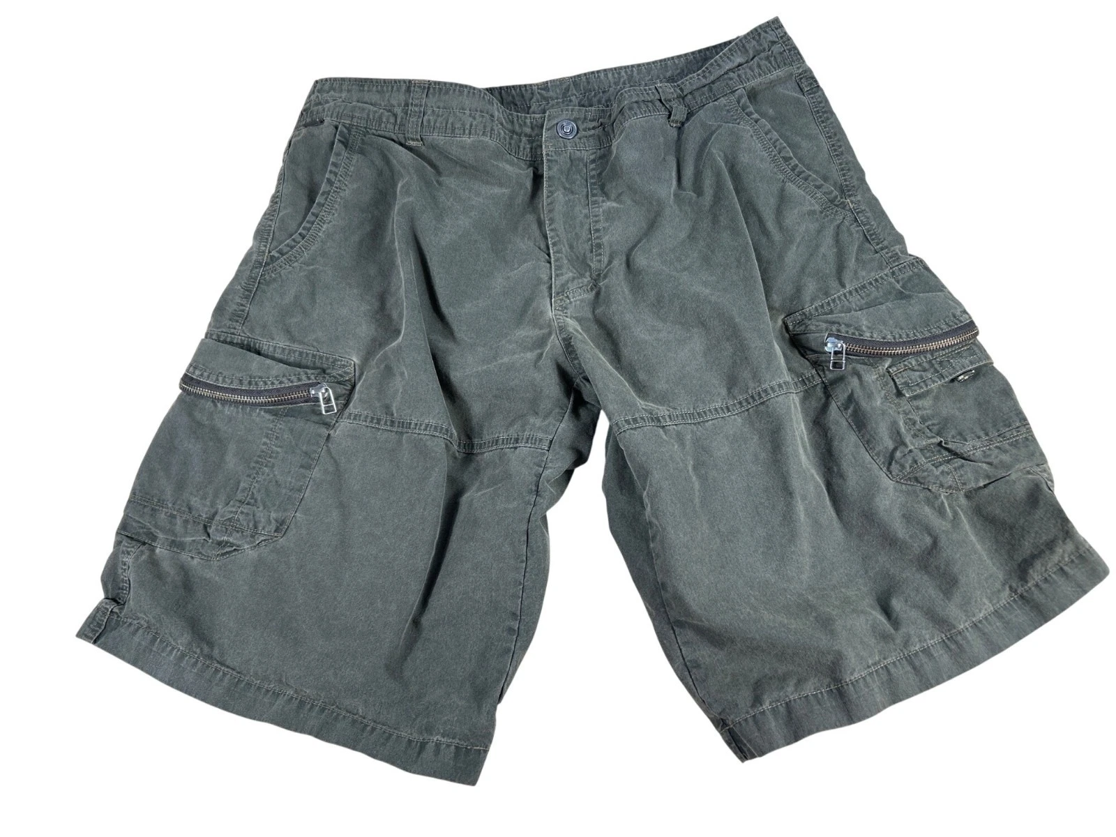KUHL Mens Green Cargo Shorts 38 Vintage Patina Dye Cotton Blend Pockets EUC