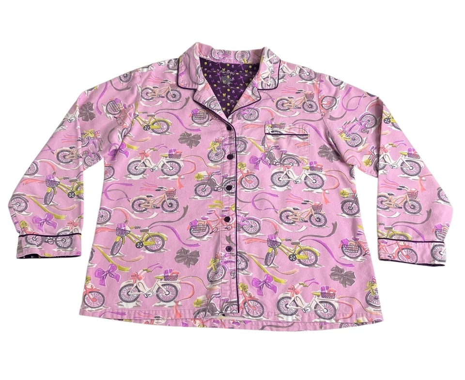 Nick and Nora 睡衣套装女式大号粉色法兰绒自行车丝带和蝴蝶结棉质 — 第 2/4 张图片