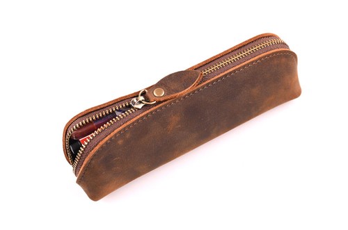 Handmade Genuine Leather Zipper Vintage Pen Bag Pencil Case Cosmetic Pouch Brush - Picture 5 of 6