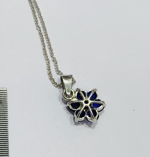 14k Solid White Gold Link Chain Necklace Flower Sapphire Pendant 2.23GM 16 In - Picture 2 of 12