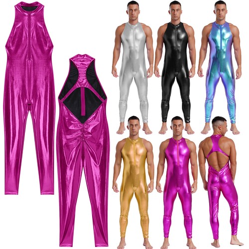 Mens Sexy Shiny Metallic Backless Leotard Sleeveless Cut Out Slim Fit Jumpsuits - Picture 2 of 49