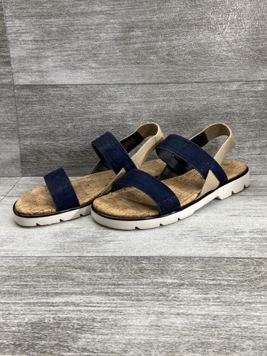 Donald Pliner Cork Strap Flat Sandals HP Hollie 60 Leather Blue Shimmer Denim 11 - Picture 1 of 12