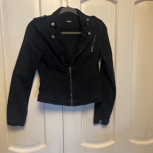 Hudson Girls Moto Denim Jacket SZ XL / 16 Black Zip Cotton Blend Pockets