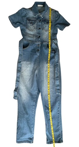 Avec Les Filles Sz 30 Tie-Waist Blue Denim Button Front Belted Jumpsuit Romper - Picture 14 of 21