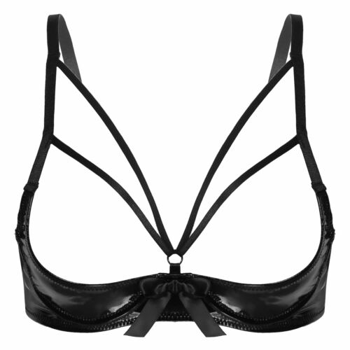 Women Patent Leather Underwired Bra Tops Balconette 1/4 Cups Push Up Shelf Bras - Picture 7 of 12