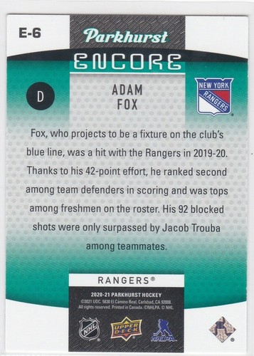 Parkhurst Upper Deck Encore 2020-21 Adam Fox #E-6 New York Rangers inserto de lámina - Imagen 2 de 2