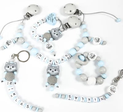 NELINO SCHNULLERKETTE MIT NAMEN SET Schnullerkette mit Namen für Jungen Set 5 teilig Prinz Baby♥Geburt♥Geschenk S37