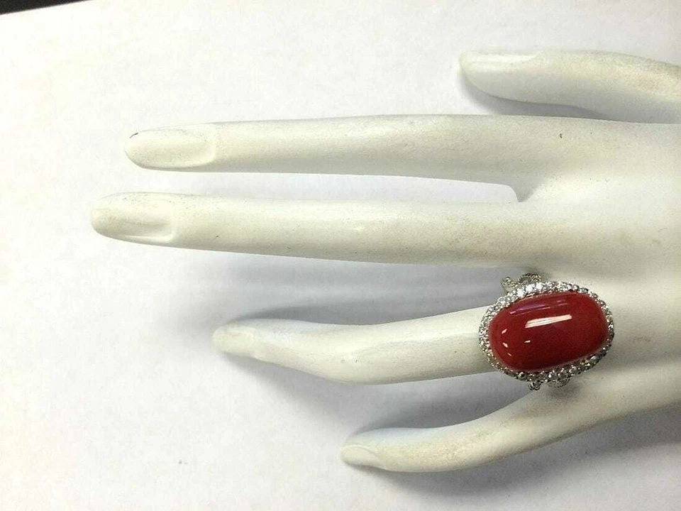 Anillo de circonita cúbica corte redondo coral y blanco cabujón naranja rojo de 11,49 quilates en plata pura 925 Foto 4 de 4
