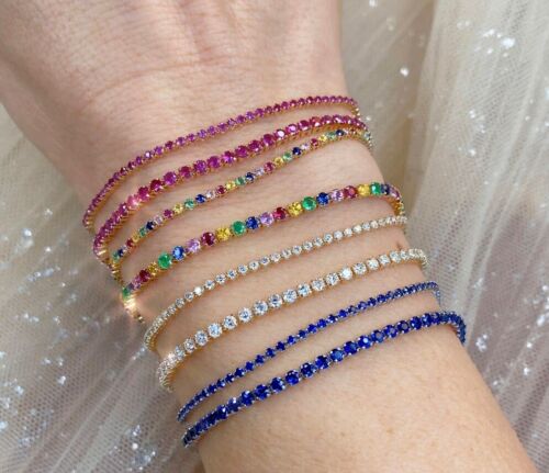 Bracciale Micro Tennis Zaffiro Blu Oro Giallo 14K Naturale Certificato 3,45CT - Foto 2 di 3