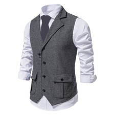 Men's Tweed Retro Formal Herringbone Waistcoat Sleeveless Tops Lapel Vest Jacket